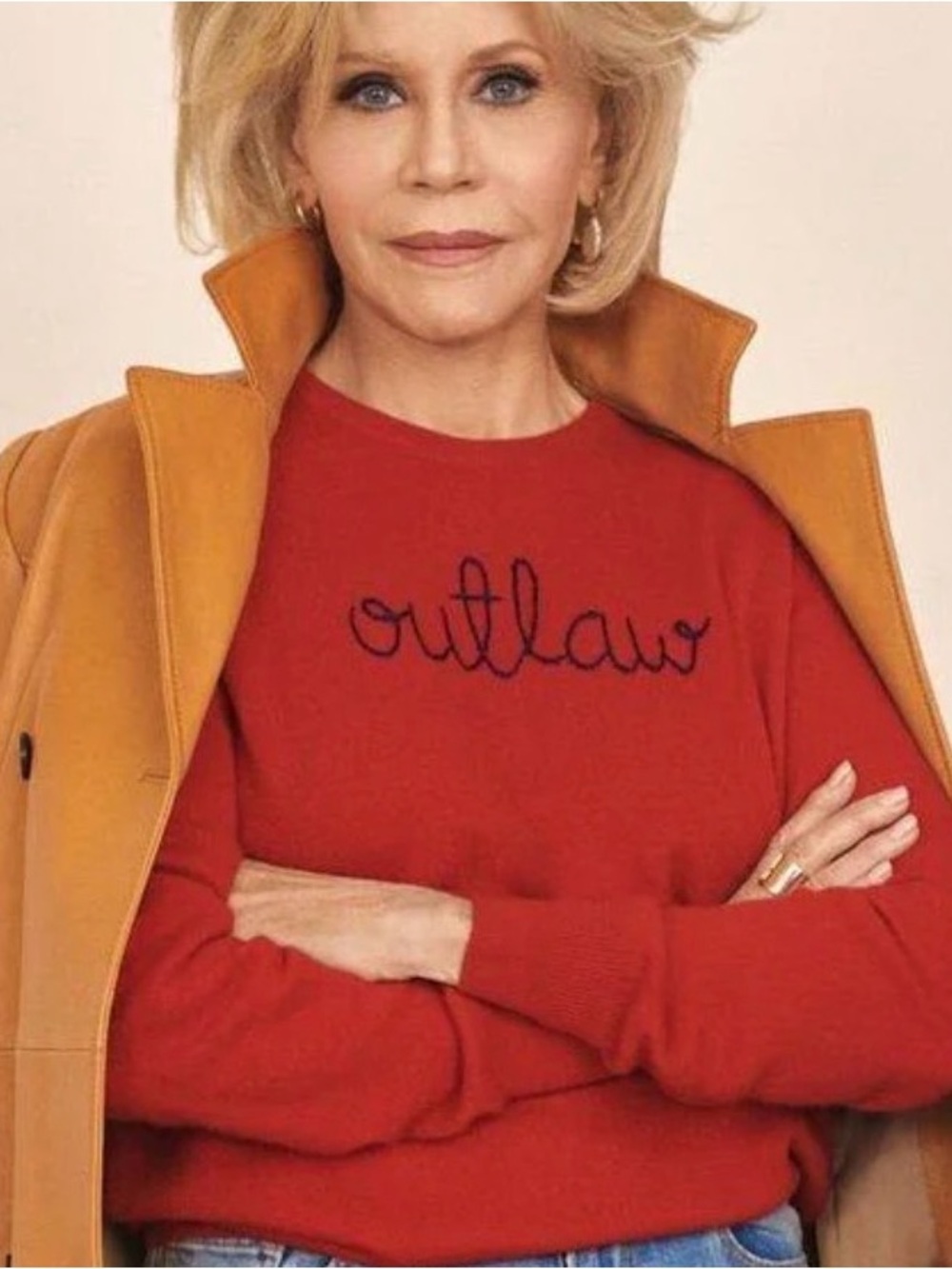 Navy blue cashmere Crewneck Sweater with 'Outlaw' orange Women size XS